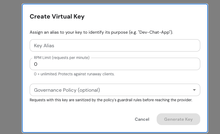 Create Virtual Key Modal